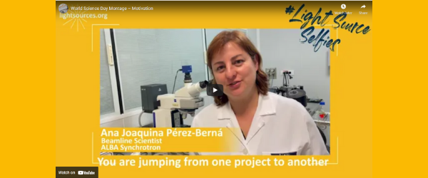 Screenshot of the #LightSourceSelfies vídeo showing Ana Joaquina Pérez-Berná, beamline scientist at the ALBA Synchrotron.