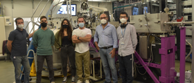 group picture of the team involved in the first official experiment at LOREA (from left to right: Jordi Prat, beamline technician, PhD student David Subires, master student Lorea Sánchez , IKERBASQUE researcher Santiago Blanco from DIPC Donostia, Massimo Tallarida, beamline responsible, and Ji Dai, postdoctoral research associate at LOREA).